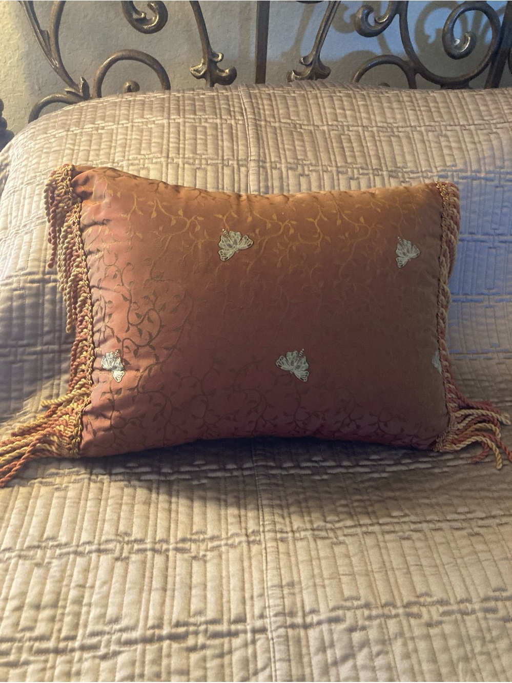 Ornate Burnt Orange Fringe Accent Pillow by Tomasini Linens.